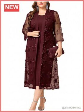 Plus Size 2-Piece Formal Dress Set with 3D Floral Mesh Jacket Mother of Bride